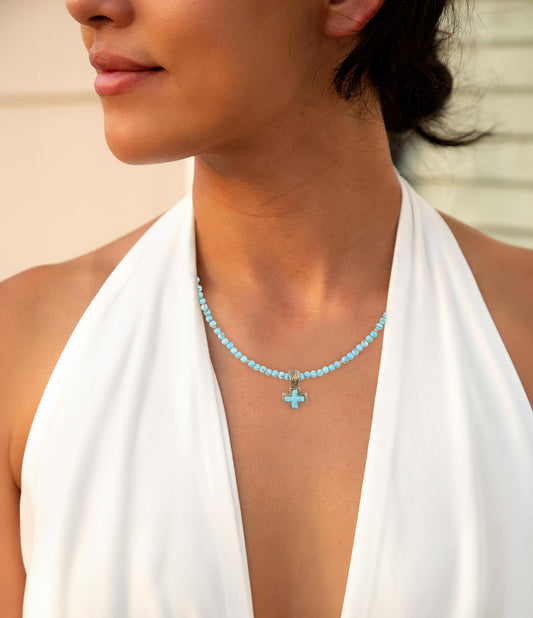 Blue Turquoise Cross Golden Pendant Necklace