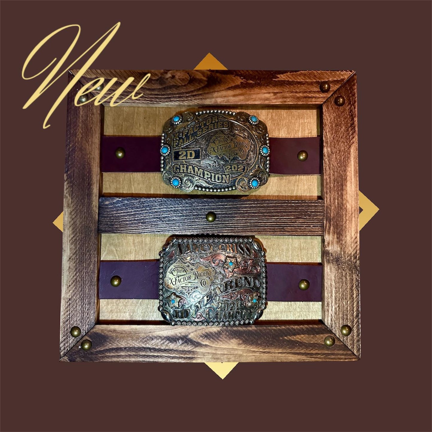 Custom Trophy Buckle Display Frame (2 Buckles) — Latigo Leather Straps