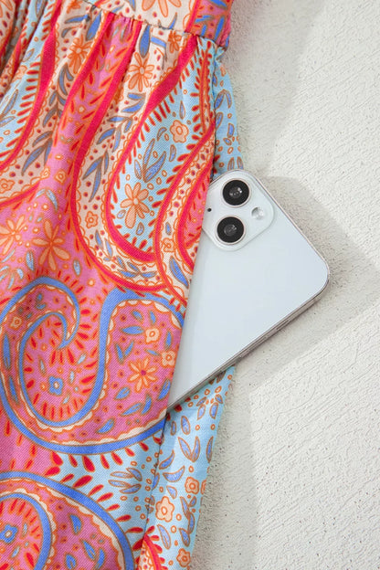 Paisley Print V-Neck Short Sleeve Boho Dress with Ruffle Details