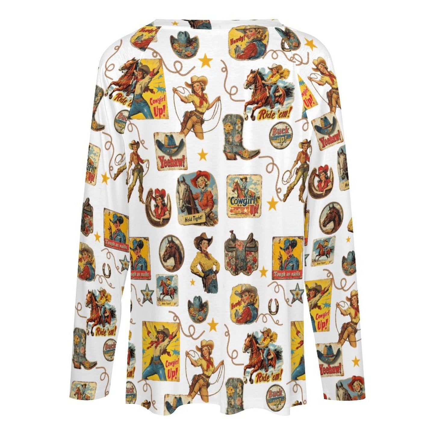 Baha Ranch Vintage Cowgirl Collage Western Print Long Sleeve Top