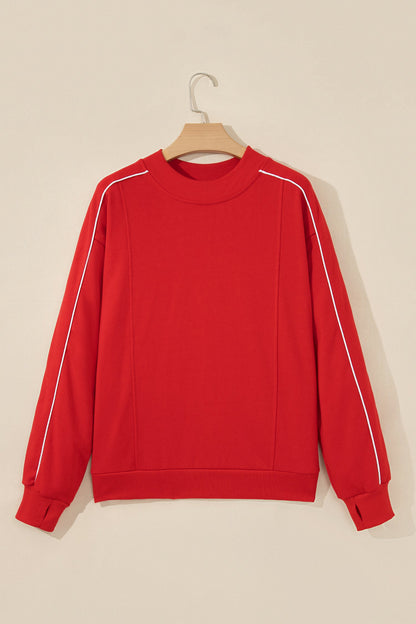 Contrast Piping Mock Neck Thumbhole Sleeve Sweatshirt