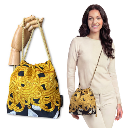 CC Logo Chain Noir Vintage Scarf Drawstring Crossbody Bag