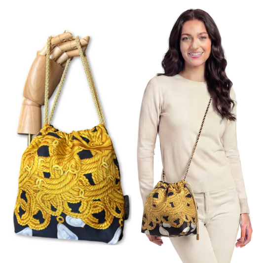 CC Logo Chain Noir Vintage Scarf Drawstring Crossbody Bag