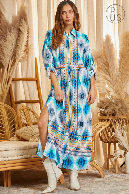 Blue Caracao Aztec Button Down Dress Duster Plus Size 2xl or 3XL