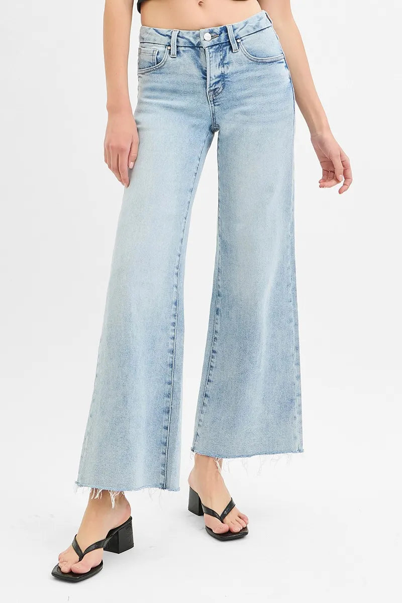 RISEN Tummy Control Low Rise Wide Leg Raw Cut Hem Jeans