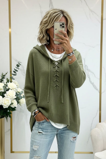 Lace-Up V-Neck Hooded Knit Sweater | Drop Shoulder Oversized Pullover