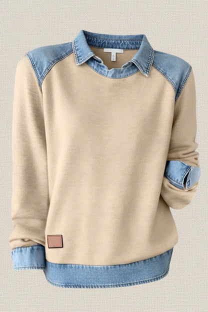 Denim Collar Patchwork Pullover Knitwear Top – Women’s Street Style