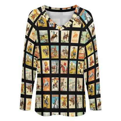 Baha Ranch Cowboy Collage Western Print Long Sleeve Top