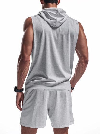 Men's Full Size Zip Up Sleeveless Hoodie & Shorts Set Plus Size