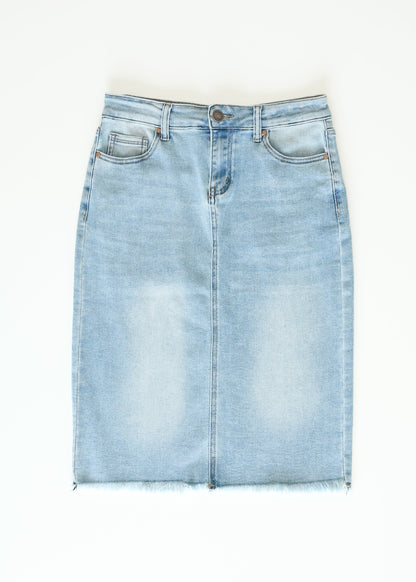 Drew Raw Hem Midi Denim Skirt