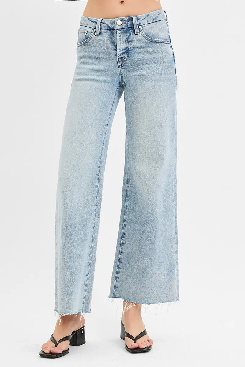 RISEN Tummy Control Low Rise Wide Leg Raw Cut Hem Jeans