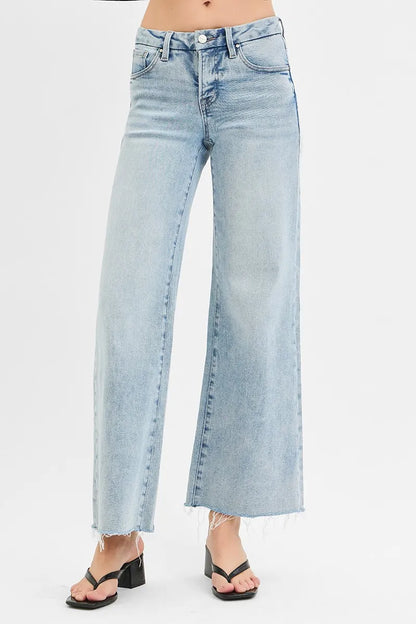 RISEN Tummy Control Low Rise Wide Leg Raw Cut Hem Jeans