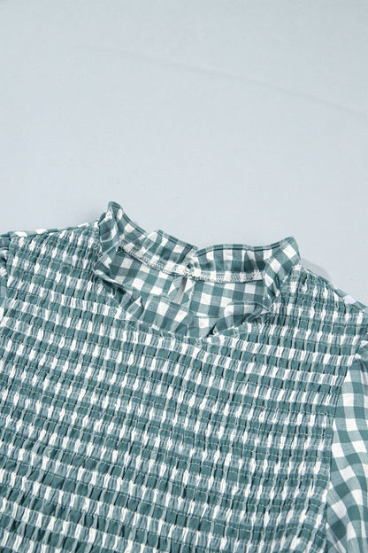 Gingham Shirred Long Sleeve Peplum Top