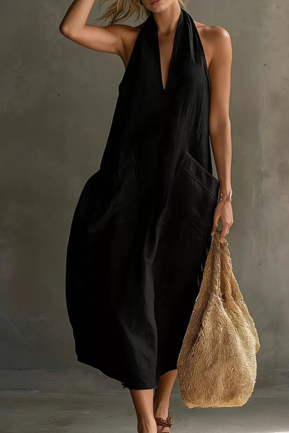 Casual Halter Neck Pocket Midi Dress