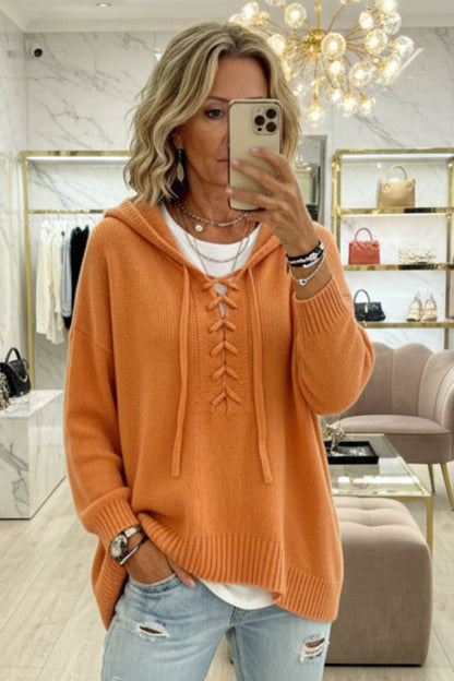 Lace-Up V-Neck Hooded Knit Sweater | Drop Shoulder Oversized Pullover