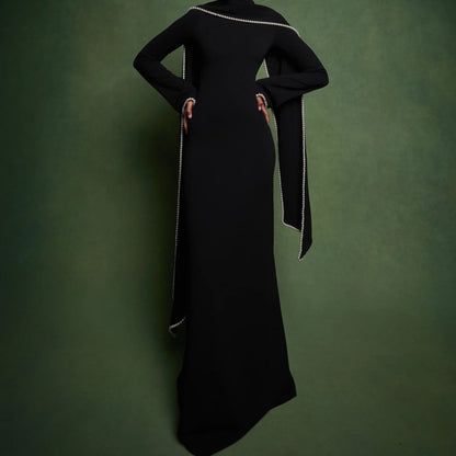 Elegant Pearl Embellished Cape Sleeve Evening Dress(MA337)