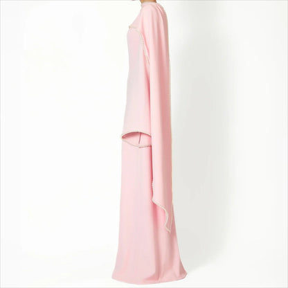 Elegant Pearl Embellished Cape Sleeve Evening Dress(MA337)
