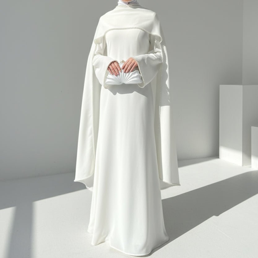 Elegant Pearl Embellished Cape Sleeve Evening Dress(MA337)
