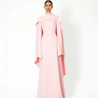 Elegant Pearl Embellished Cape Sleeve Evening Dress(MA337)