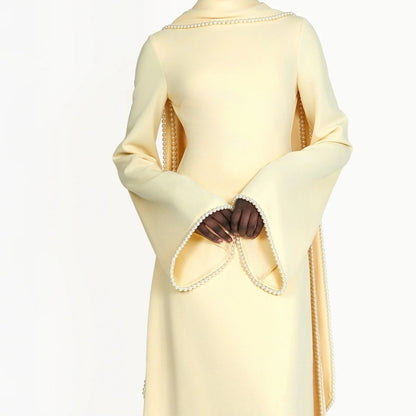 Elegant Pearl Embellished Cape Sleeve Evening Dress(MA337)