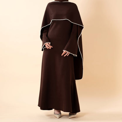 Elegant Pearl Embellished Cape Sleeve Evening Dress(MA337)