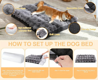 Extra Large Orthopedic Dog Bed - Luxurious Plush Faux Fur Kennel, Bite-Resistant, Dirt-Repellent and Machine Washable Pet Mat with Anti-Slip Bottom, Stylish for Living Rooms, All-Season Comfort & Joint Support for Large Dogs