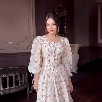 Floral Fairy Romantic Square Neck Bubble Sleeve Gown Dress Abaya with Back Lace-Up Detail (MA224)