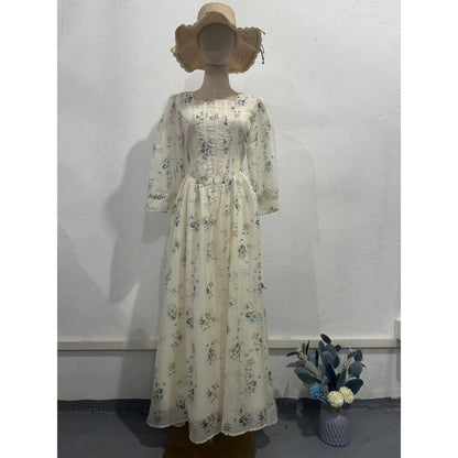 Floral Fairy Romantic Square Neck Bubble Sleeve Gown Dress Abaya with Back Lace-Up Detail (MA224)