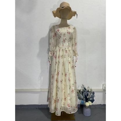 Floral Fairy Romantic Square Neck Bubble Sleeve Gown Dress Abaya with Back Lace-Up Detail (MA224)