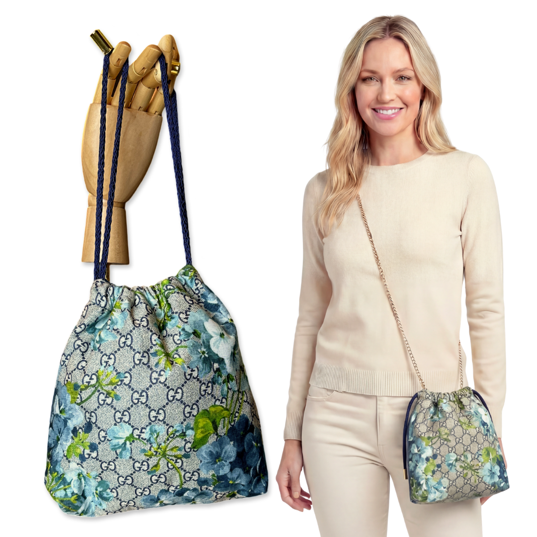 GG Logo Blooms Blue Vintage Scarf Drawstring Crossbody Bag