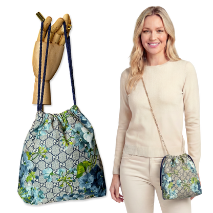 GG Logo Blooms Blue Vintage Scarf Drawstring Crossbody Bag