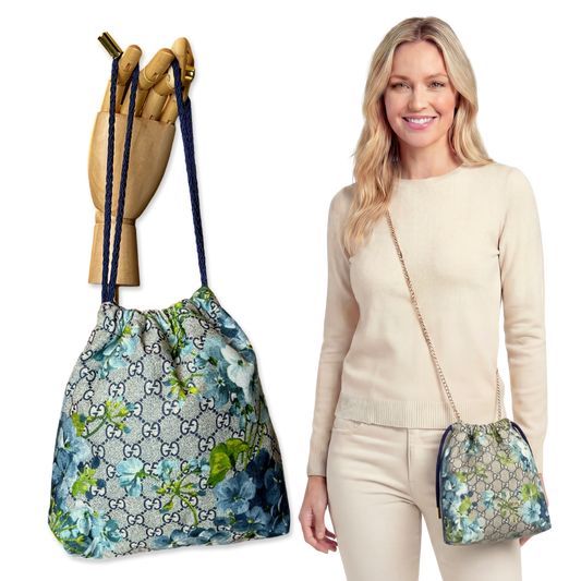 GG Logo Blooms Blue Vintage Scarf Drawstring Crossbody Bag