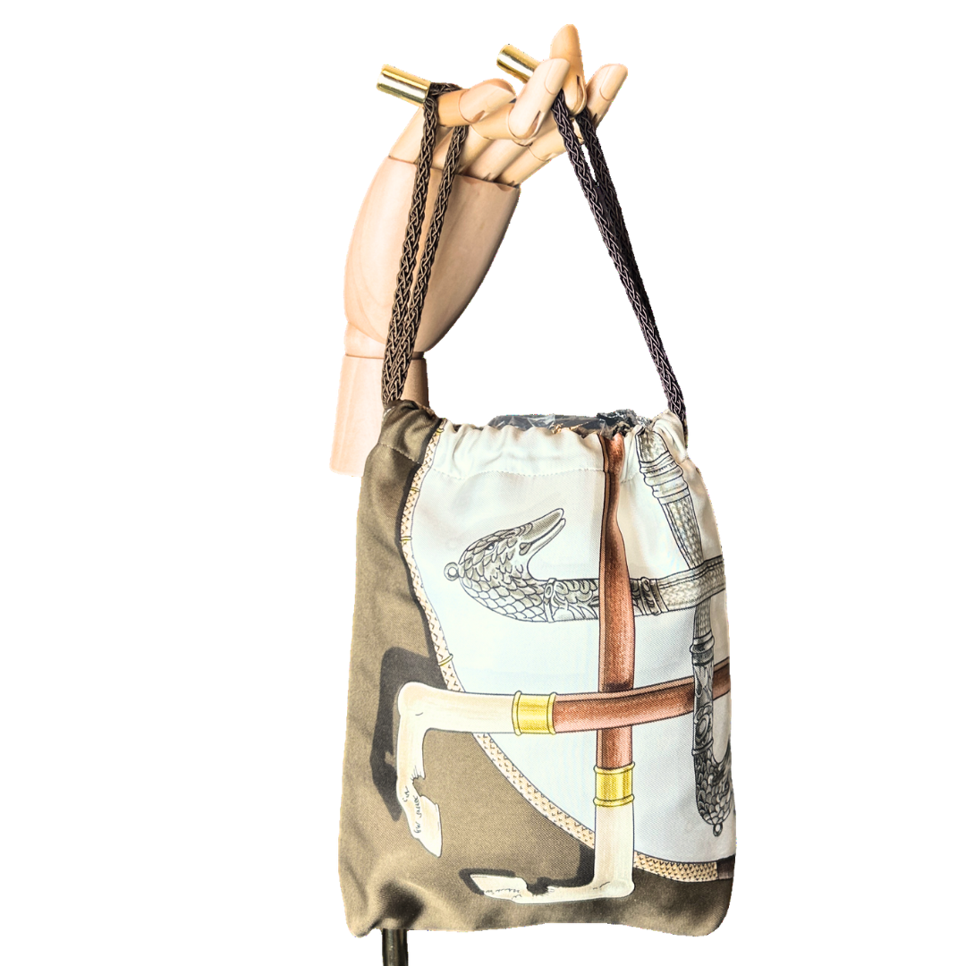 Cannes et Pommeaux Vintage Silk Scarf Drawstring Crossbody Bag