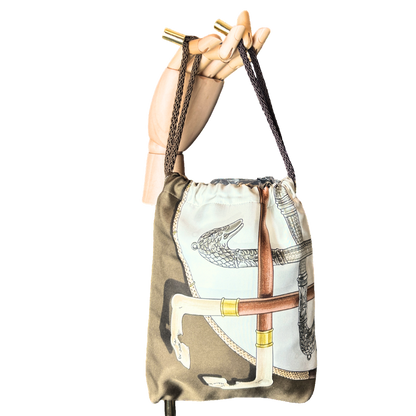 Cannes et Pommeaux Vintage Silk Scarf Drawstring Crossbody Bag