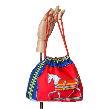 Couvertures et Tenues du Jour Red Vintage Silk Scarf Drawstring Crossbody Bag