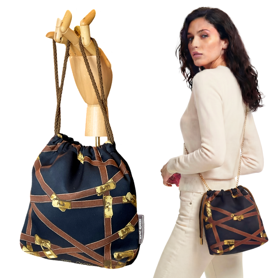 Très Kelly Noir Vintage Silk Scarf Drawstring Crossbody Bag