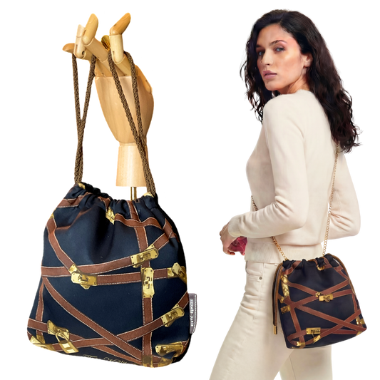 Très Kelly Noir Vintage Silk Scarf Drawstring Crossbody Bag
