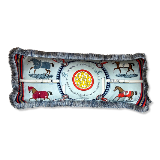 Couvertures et Tenues du Jour Multicolor Blue Vintage Silk Scarf Lumbar Pillow 35”
