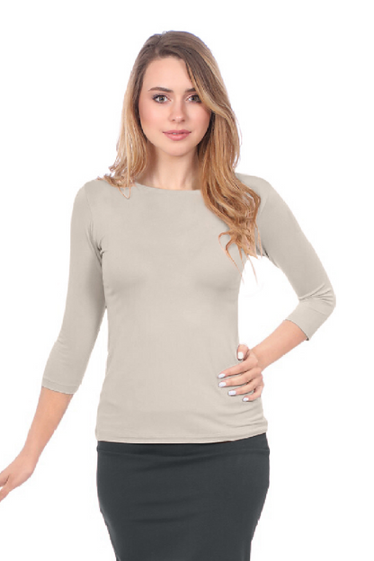3/4 Sleeve T-Shirt High Round Neckline Slim-Fit