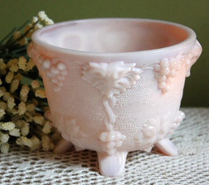 Pink Milk Glass Footed Fruit Bowl. Modern Quilt Pattern on the Outside of a Bowl. Floral Design Inside a Bowl.
