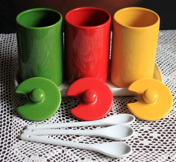 Vintage Porcelain Condiment Jars with Spoons and Tray, Modern Kitchen