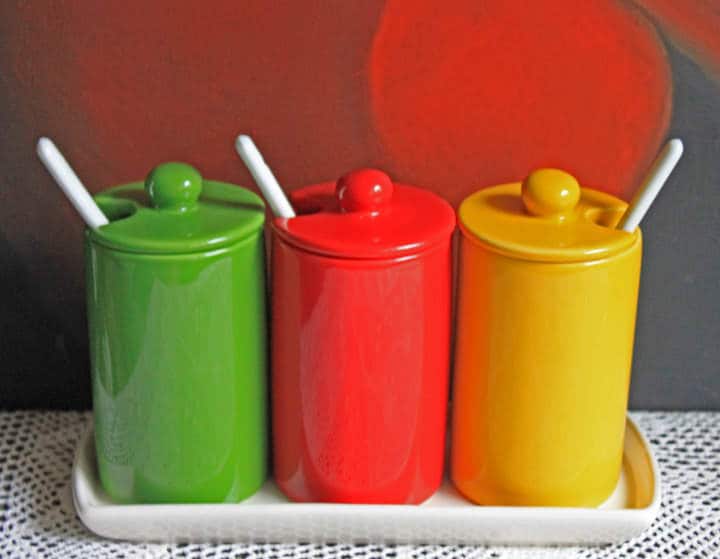 Vintage Porcelain Condiment Jars with Spoons and Tray, Modern Kitchen