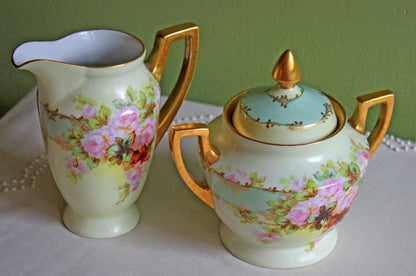Antique H & C Selb Bavarian Porcelain Creamer and Sugar Bowl with Lid