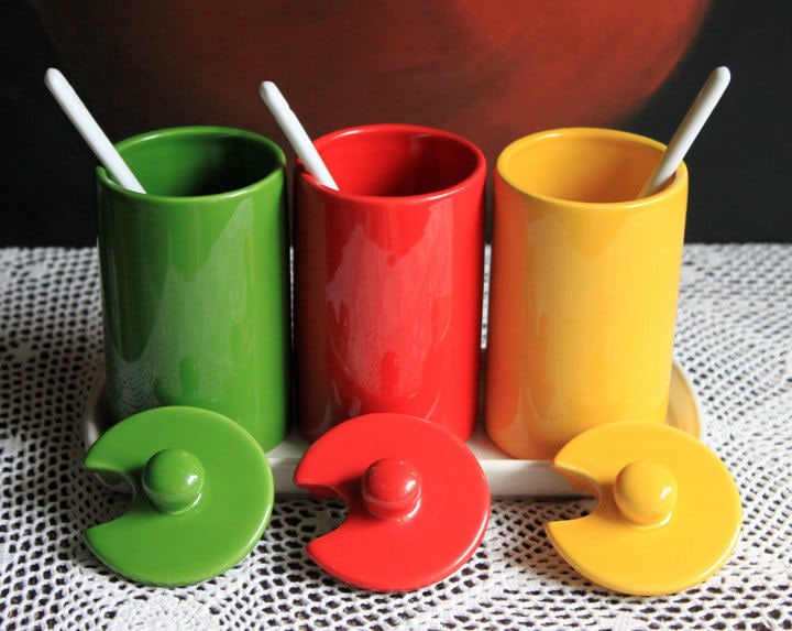 Vintage Porcelain Condiment Jars with Spoons and Tray, Modern Kitchen