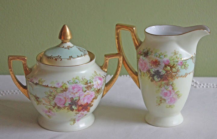 Antique H & C Selb Bavarian Porcelain Creamer and Sugar Bowl with Lid