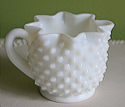 Vintage Milk Glass Creamer, Quilt Pattern Scalloped Edge