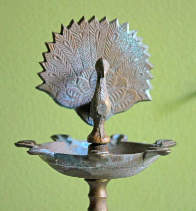 Antique Brass Diya Oil Lamp, Handcrafted Elephants & Peacocks, 15"