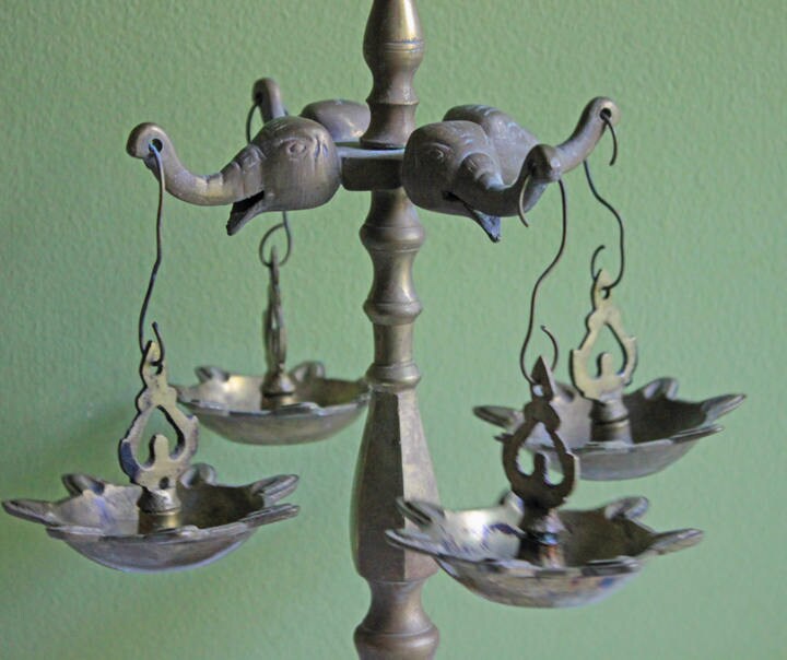 Antique Brass Diya Oil Lamp, Handcrafted Elephants & Peacocks, 15"