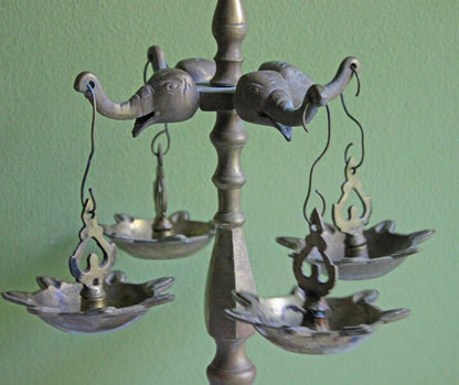 Antique Brass Diya Oil Lamp, Handcrafted Elephants & Peacocks, 15"