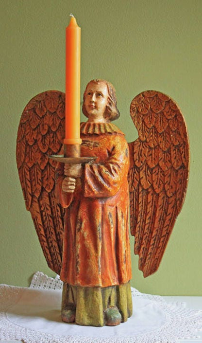 Wooden Hand Carved Angel Figurine. Large Limited Edition, #15, Angel Statue. Stunning Sculpute of Praying Angel. Candle Holder or Art.